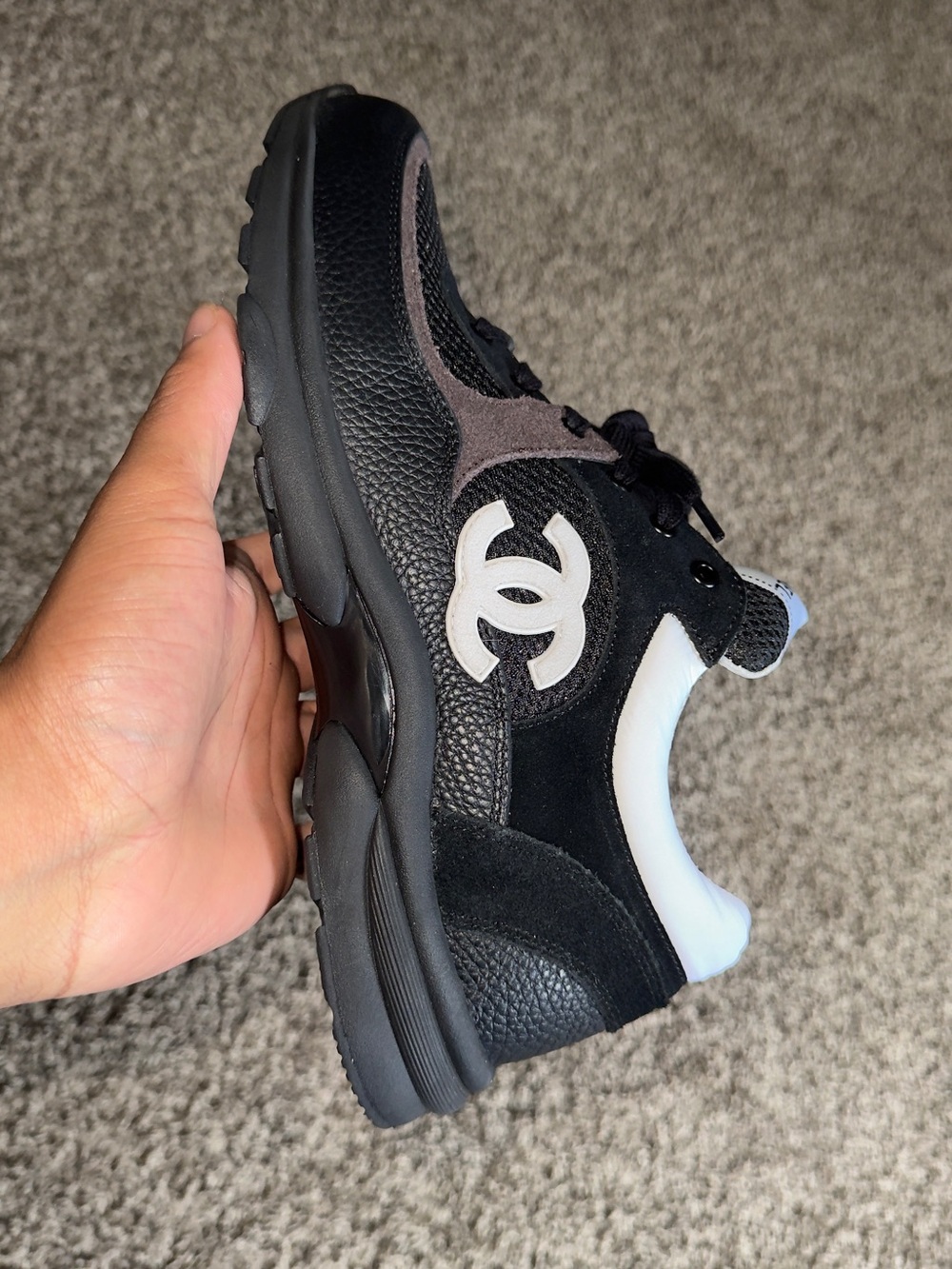 CHANEL Black, White and Gray Logo Runner Sneakers